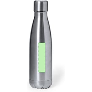 A drink bottle in stainless steel with a mint green section for branding. It features a screw-on lid and a sleek design.