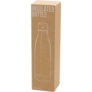 A drink bottle in a cardboard box, featuring a sleek design with a logo and an insulated finish.