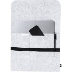A grey laptop pouch featuring a sleek design with pockets for a laptop, phone, and pen, plus a branding logo.