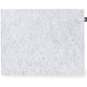 A grey laptop pouch with a textured fabric finish, featuring a branding label on the side.