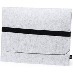 A grey felt laptop pouch with a black strap and a simple design. It features a logo on the side.