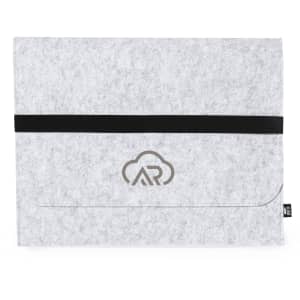 A grey felt laptop pouch with a black strap and a logo on the front. It features a sleek, minimalist design.