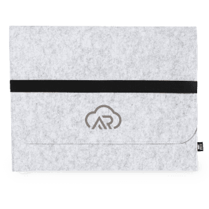 A grey felt laptop pouch with a black elastic band and a logo on the front.