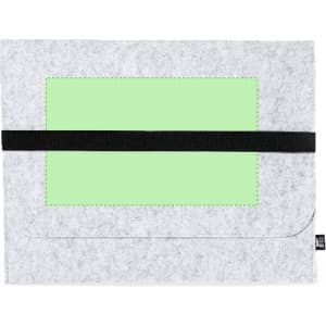 A grey laptop pouch featuring a green panel and a black elastic strap, with a branding logo present.