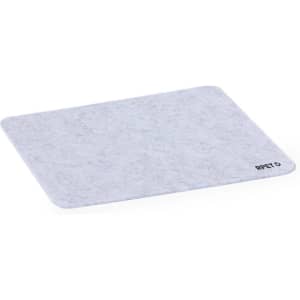 A grey mousepad with a smooth surface and a logo in one corner. Suitable for office and business use.
