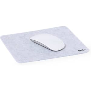 A grey mousepad with a white mouse on top, featuring a small logo on the side.
