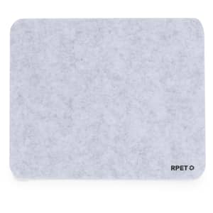 A grey mousepad with a smooth surface and rounded corners, featuring a logo in the bottom corner.