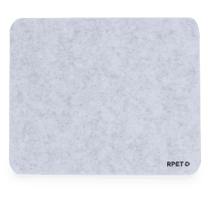 A light grey mousepad with a textured surface and a logo in the bottom corner.
