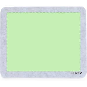 A green mousepad with a grey border, featuring a logo on the bottom right corner.