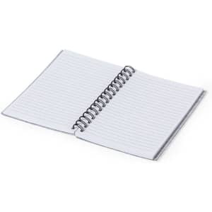 A spiral-bound notepad with lined pages, featuring a grey cover and a glossy finish. It has no visible branding.