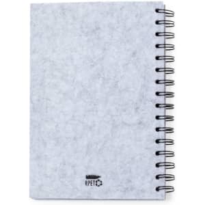A grey spiral-bound notepad with a textured cover and a logo at the bottom.