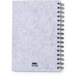 A grey spiral-bound notepad with a textured cover and a small logo at the bottom.