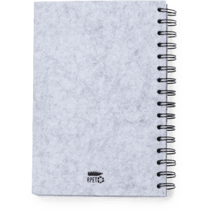 A grey notepad with a textured cover and black spiral binding, featuring a logo at the bottom.