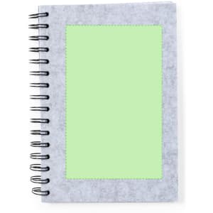 A spiral-bound notepad with a soft grey cover and a green blank section on the front.
