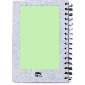 A spiral-bound notepad with a light grey cover and a bright green blank section, featuring a logo on the bottom.