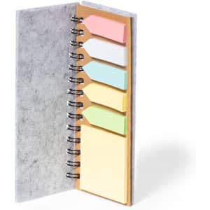 Aurat Sticky Notepad featuring a grey cover with multicoloured sticky flags in pink, white, yellow, and green.