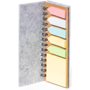 A sticky notepad with a grey cover and various coloured sticky notes in pink, white, green, and yellow.