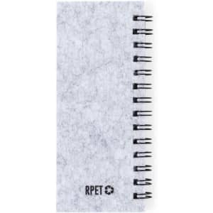 A sticky notepad with a white recycled cover, featuring a spiral binding on the side and a small logo.