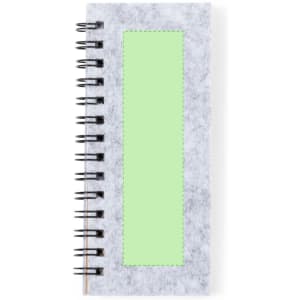 A notepad with a grey cover, featuring a large green sticky note area and spiral binding.