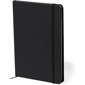 A black notepad with a hard cover, elastic band closure, and a ribbon page marker. It has a logo on the cover.