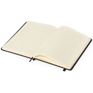A black notepad with lined pages, featuring an open design and a ribbon marker.