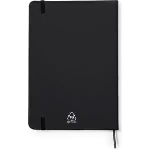 A black notepad with a flexible cover, featuring an elastic closure and a logo at the bottom.