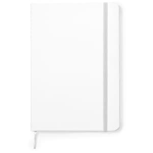A white notepad with a grey elastic band and bookmark, featuring a sleek and minimal design.