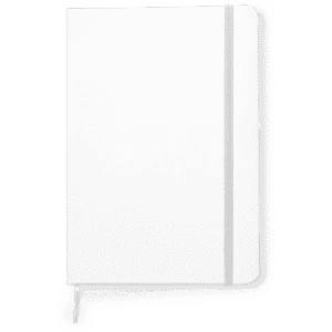 A white notepad with a grey elastic band, featuring a rounded corner and a logo on the cover.
