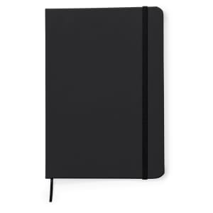 A black notepad with a matching elastic band, featuring a smooth cover and a ribbon bookmark.