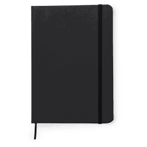 A black notepad with a textured cover and an elastic band closure, featuring a ribbon bookmark.