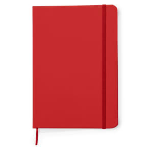 A red notepad with a matching elastic closure and bookmark. It features a smooth, minimalist design.