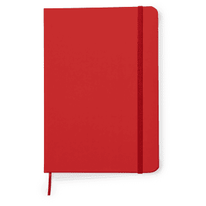 A red Zimax Notepad with a matching elastic band and ribbon marker, featuring a subtle logo on the cover.