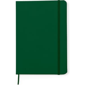 A green notepad with a ribbon closure and a matching elastic band. The design is simple and sleek.