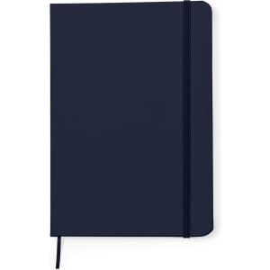 A navy Zimax Notepad with a sturdy cover, an elastic closure, and a ribbon marker. It features a logo.