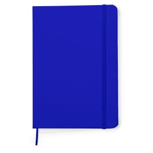 A blue notepad with an elastic band closure and a ribbon bookmark, featuring a logo on the cover.