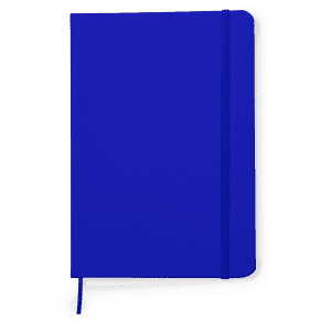 A blue notepad with a cover, featuring an elastic band and a ribbon marker. It has a logo on the front.