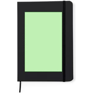 A black notepad with a green insert and an elastic band closure, featuring a branding logo.