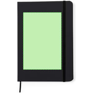 A black notepad with a green section on the front, featuring an elastic band and a bookmark ribbon.