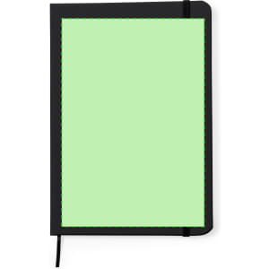 A green notepad with a black cover and stitched detailing, featuring an elastic band for closure.