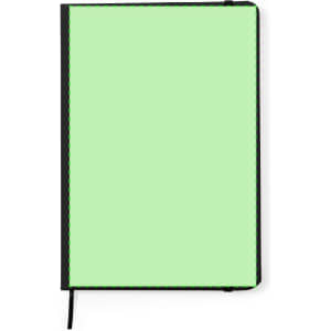 A green notepad with a black cover and stitching, featuring a ribbon bookmark and a logo.