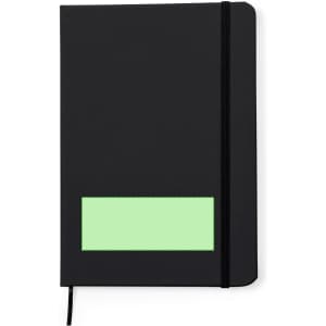 A black notepad with a green section on the cover and an elastic band for closure. It features a logo.
