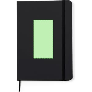 A black notepad with a green rectangular design on the front, featuring an elastic band and a bookmark.