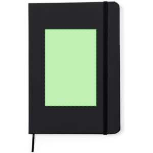 A black notepad featuring a green framed area, secured with an elastic band and a bookmark ribbon.