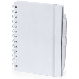 A white spiral-bound notebook with a pen holder and matching pen. The cover features a speckled design.
