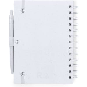 A white notebook with a spiral binding and a matching pen attached, featuring a simple design and a logo.