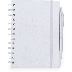 A white spiral-bound notebook with a pen, featuring a plain cover and an elastic band.