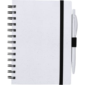 A white spiral-bound notebook with a black elastic strap and a pen attached, featuring a simple design.