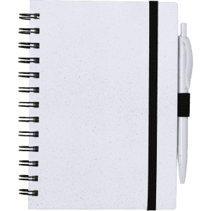 A white spiral-bound notebook with a black elastic band and a white pen attached. The cover features a speckled design.