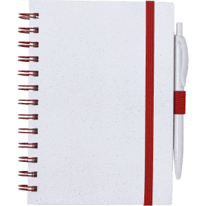 A white notebook with a spiral binding and red accents, featuring an attached pen.