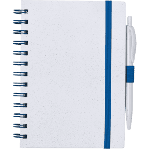 A white notebook with a blue spiral binding and an elastic band, featuring a white pen attached.